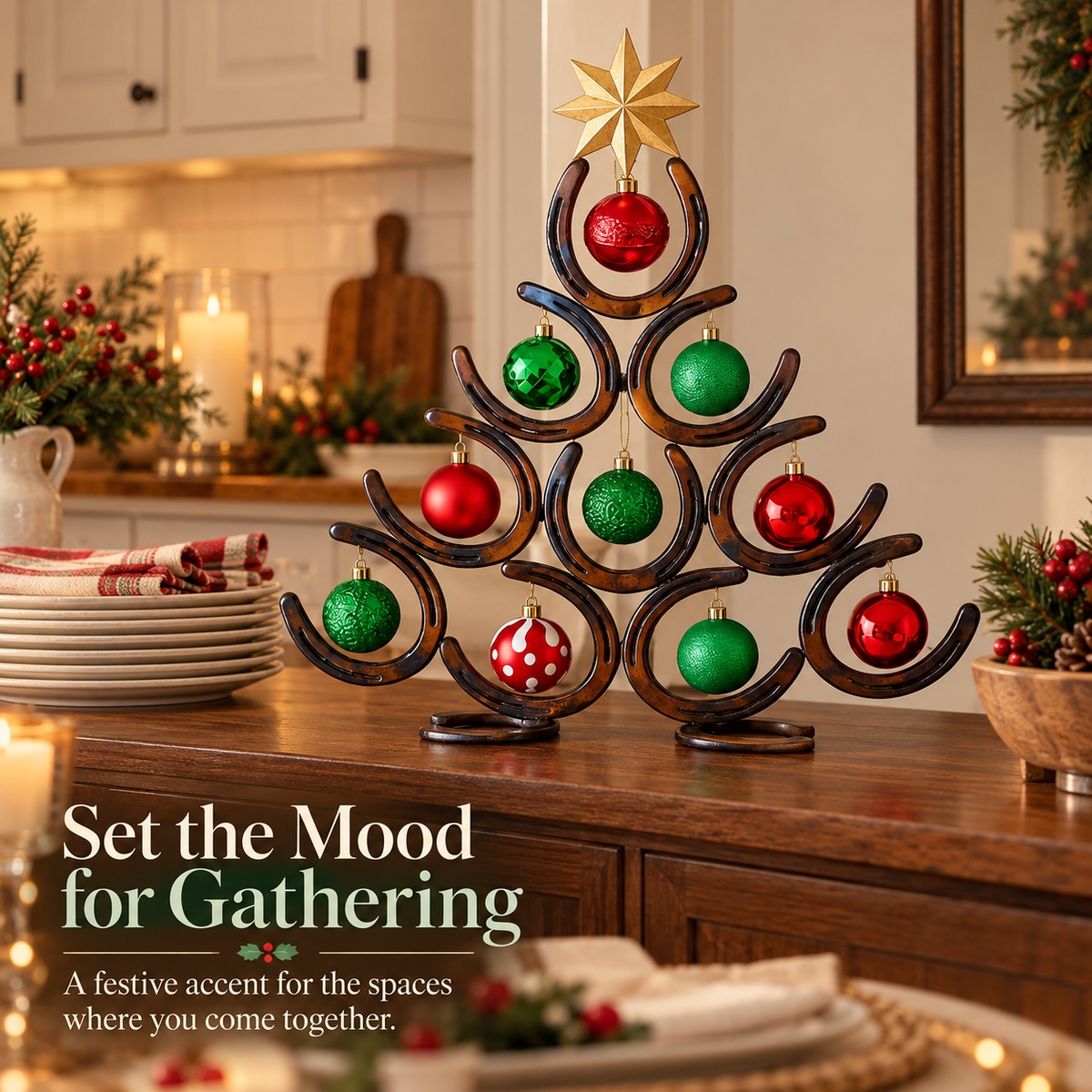 Horseshoe Christmas tree displayed on a kitchen counter near holiday tableware