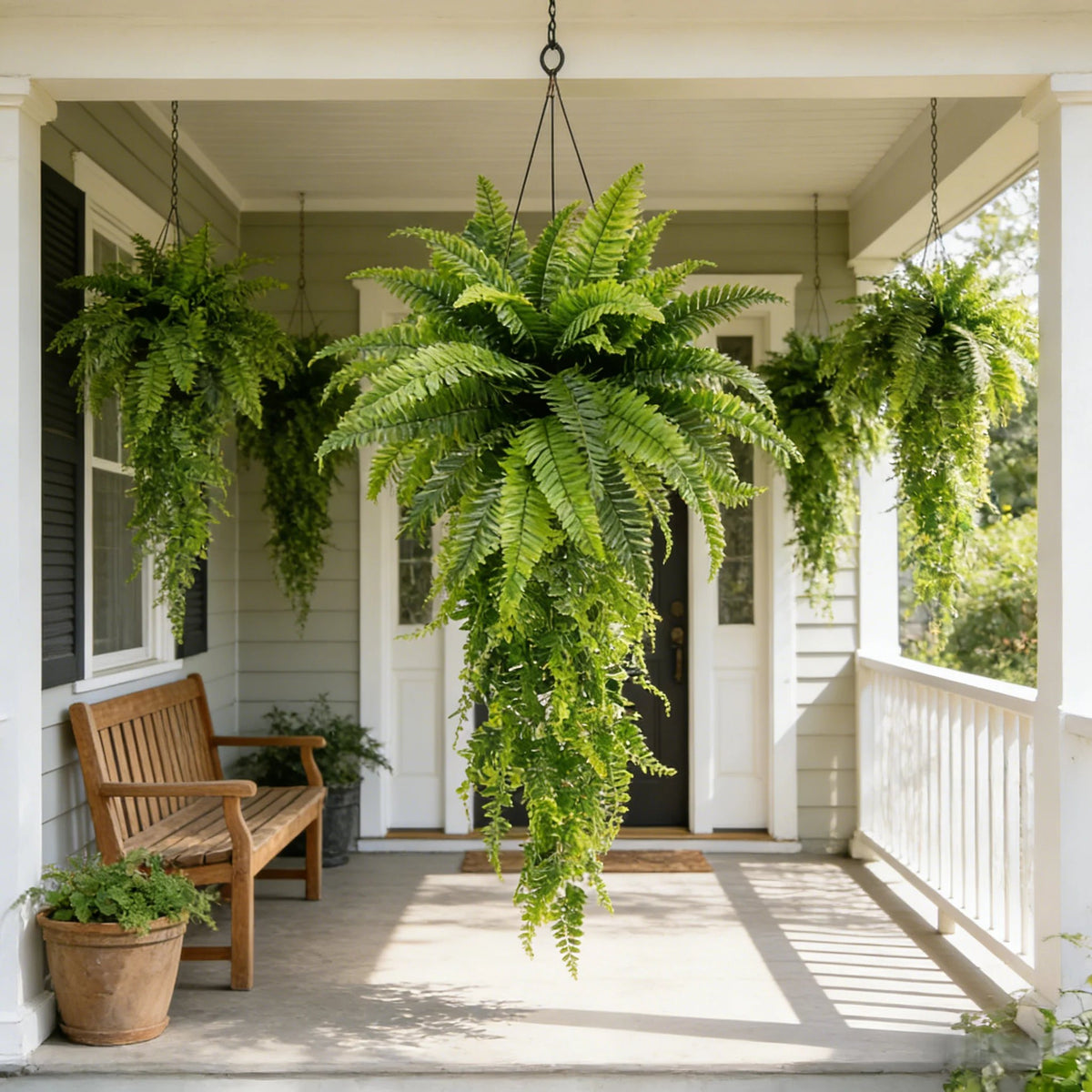 Full cascading artificial Boston fern hanging on a welcoming porch