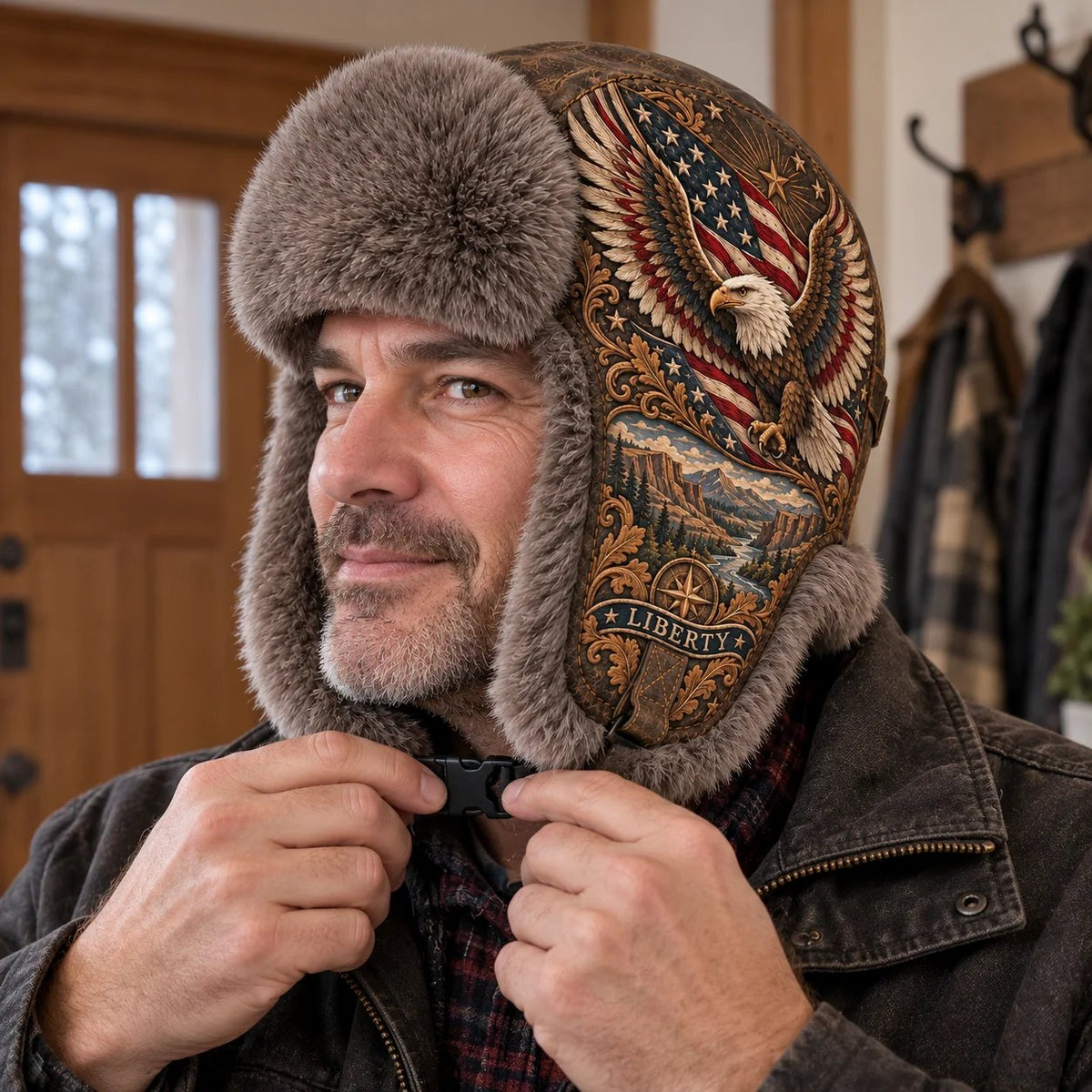 🦅 “Wings of Freedom” Genuine Leather Winter Trapper Hat with Plush Lining