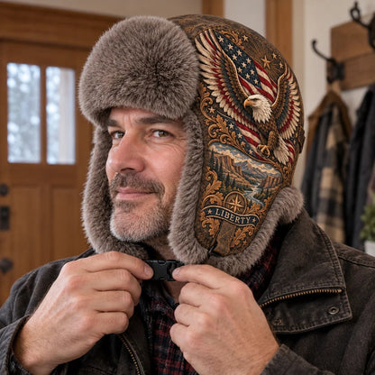 🦅 “Wings of Freedom” Genuine Leather Winter Trapper Hat with Plush Lining