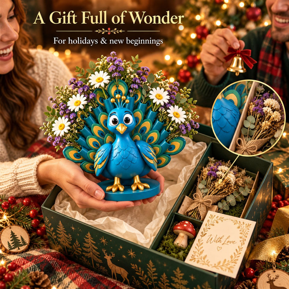 Peacock floral sculpture held during a warm Christmas gift exchange