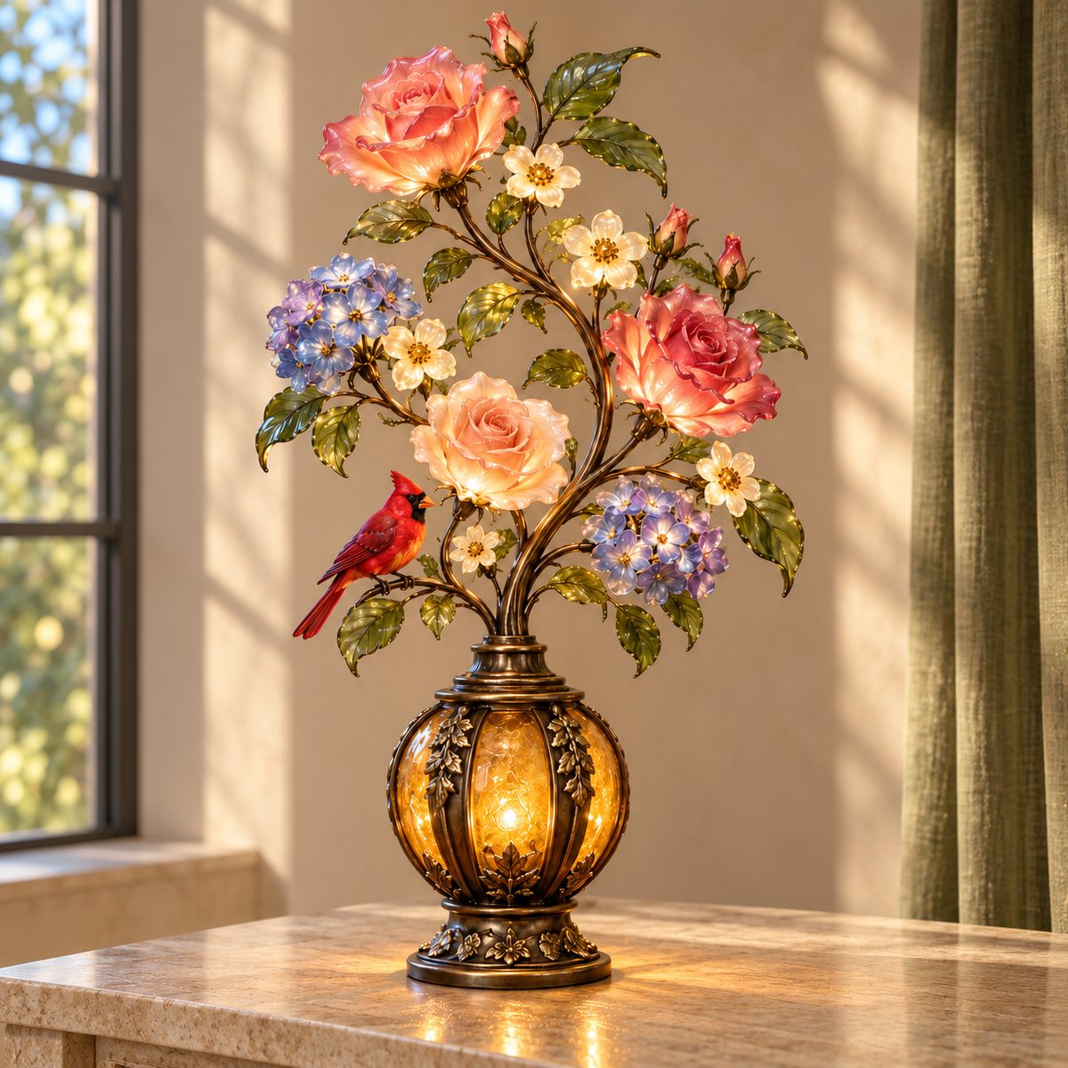 🌹✨ Eternal Bloom – Vintage Rose & Cardinal Table Lamp