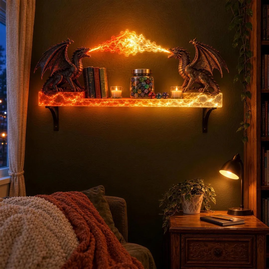 🔥 LAST DAY 49% OFF 🔥 Dual Dragon Plasma Arc Wall Shelf | Gothic Floating Decor & Ambient Lamp 🐉⚡