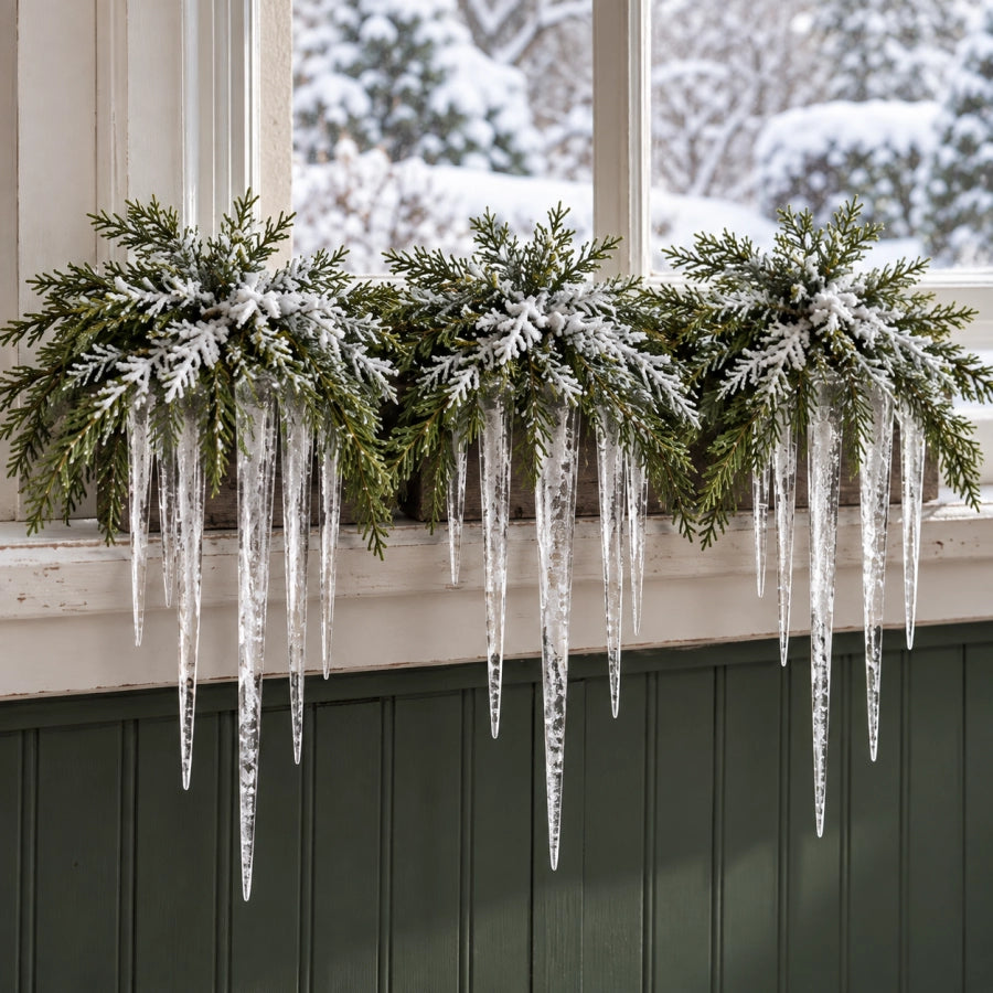 🎄 Snow-Frosted Cedar & Icicle Hanging Accent