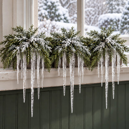 🎄 Snow-Frosted Cedar & Icicle Hanging Accent