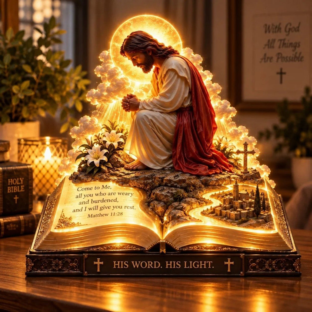 ✨🙏 Faith Brings PeaceTM — Illuminated Praying Jesus Figurine