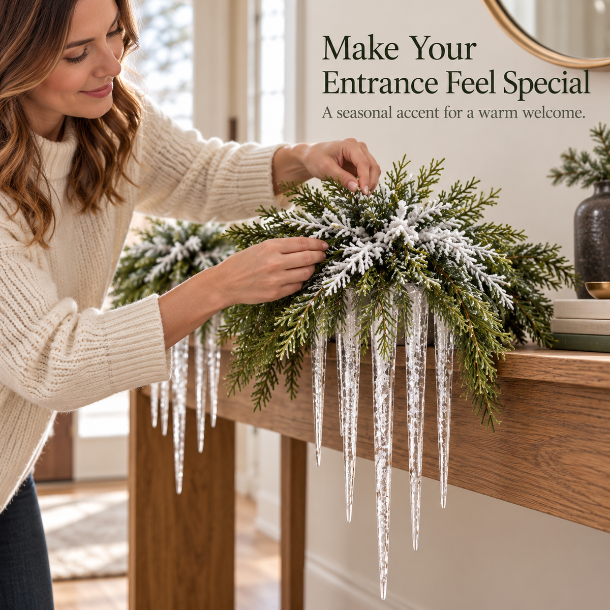 🎄 Snow-Frosted Cedar & Icicle Hanging Accent