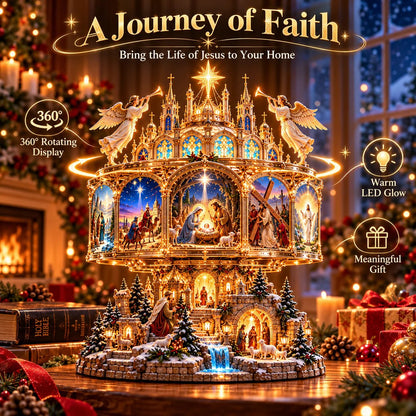 ✝️✨ Journey of Faith™ – 360° Rotating Lighted Bible Story Nativity Display with Angelic Cathedral & Sacred Scenes