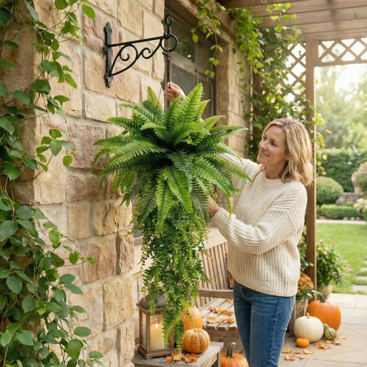 Woman arranging a large artificial hanging fern beside a stone wall