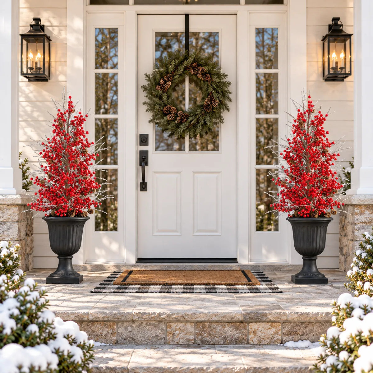Matching red berry Christmas urn fillers beside a front door