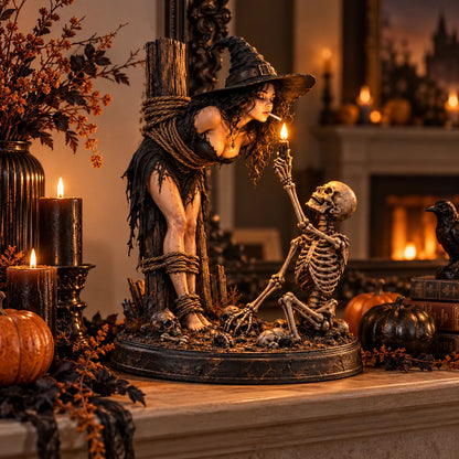 Witch & Skeleton Candle Scene Figurine – Dark Gothic Halloween Tabletop Decor