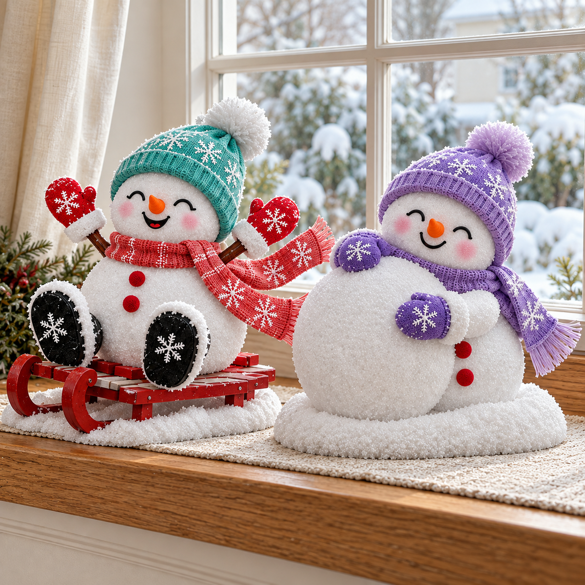 An adult and child enjoying a cheerful light-up snowman Christmas display