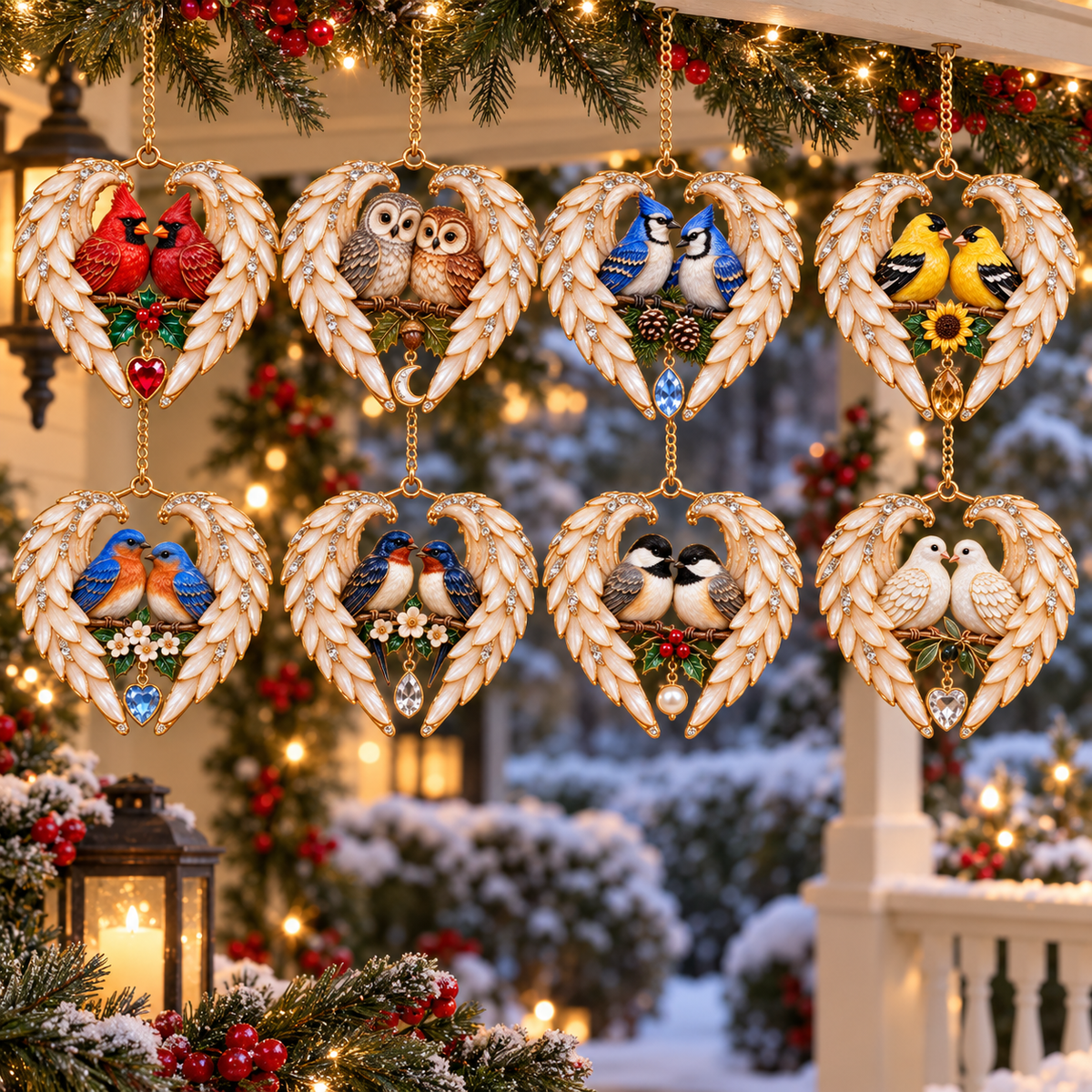 All eight bird-pair angel wing heart ornament designs hanging together in a coordinated Christmas display