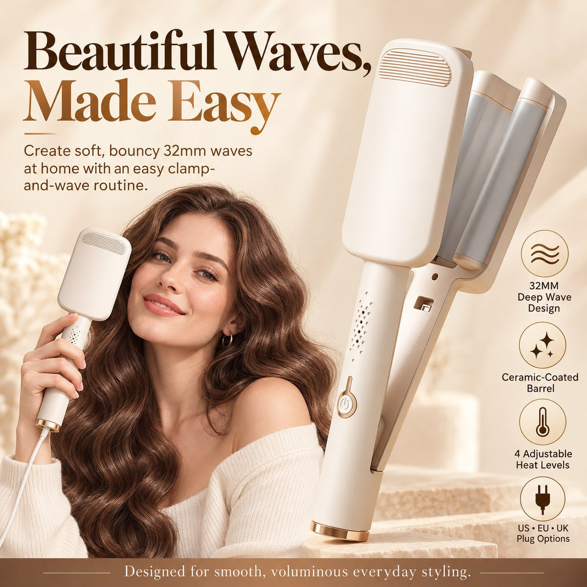 🔥Buy 2 Get 20% OFF🔥⏰32MM Wavy Hair Curler – Big Bouncy Curls, 4 Adjustable Heat Settings & Negative Ion Care – Salon-Quality Styling at Home 💇‍♀️