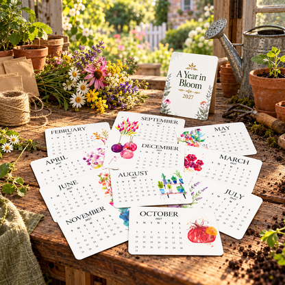 The twelve illustrated monthly cards from the 2027 seed calendar