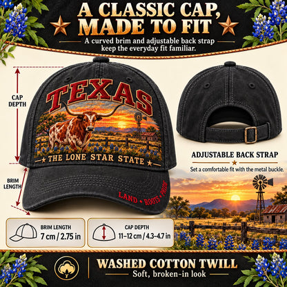 🤠 Texas Lone Star Longhorn Cap | Cotton-Poly Blend • Detailed Embroidery • Adjustable Fit