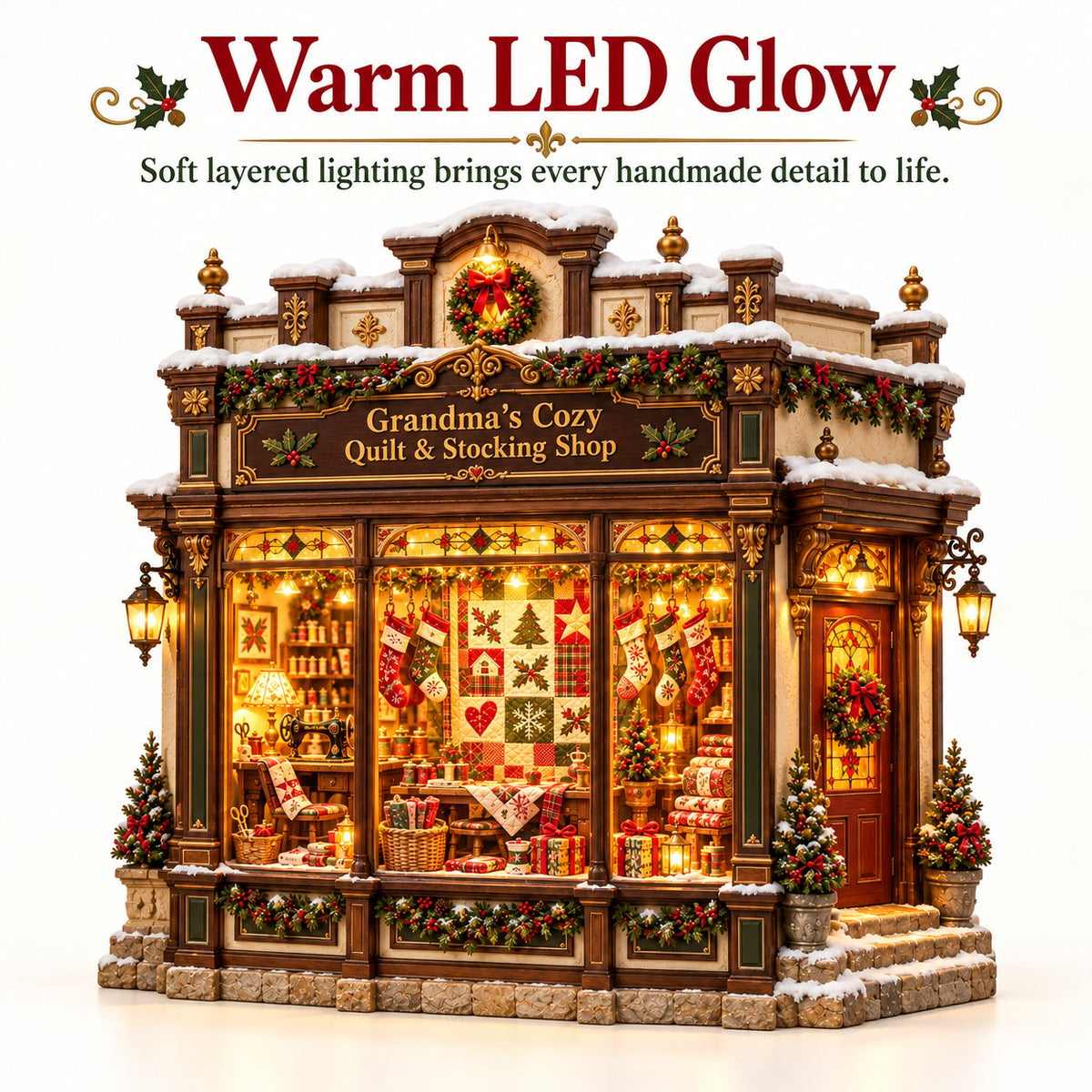 Grandma's Christmas Quilting Cottage – DIY Light-Up Miniature Dollhouse Kit, Cozy Holiday Craft & Handmade Christmas Gift