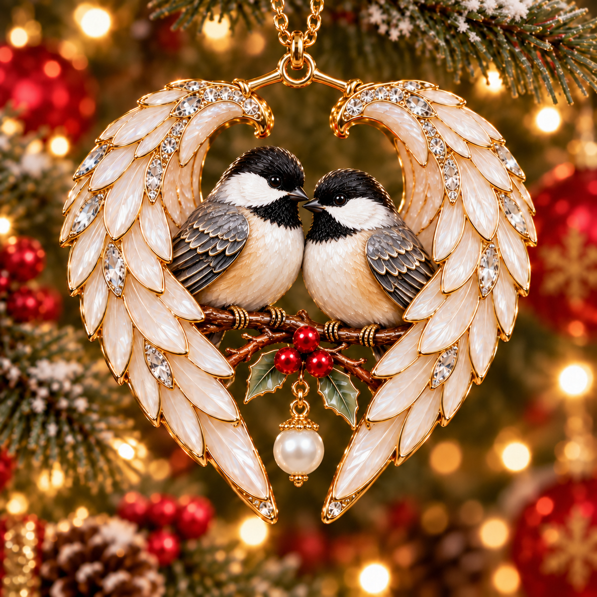 Black-and-white Chickadee Pair with winter berries and a pearl-look hanging accent
