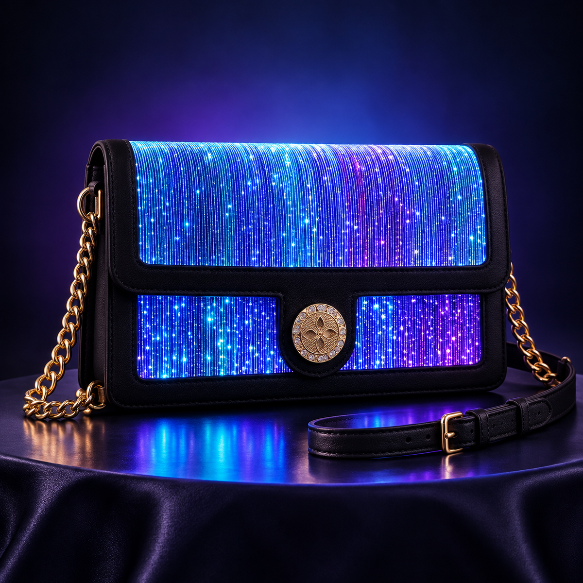 Fiber Optic Light Up Crossbody Bag, 7 Colors Glowing PU Leather Shoulder Purse