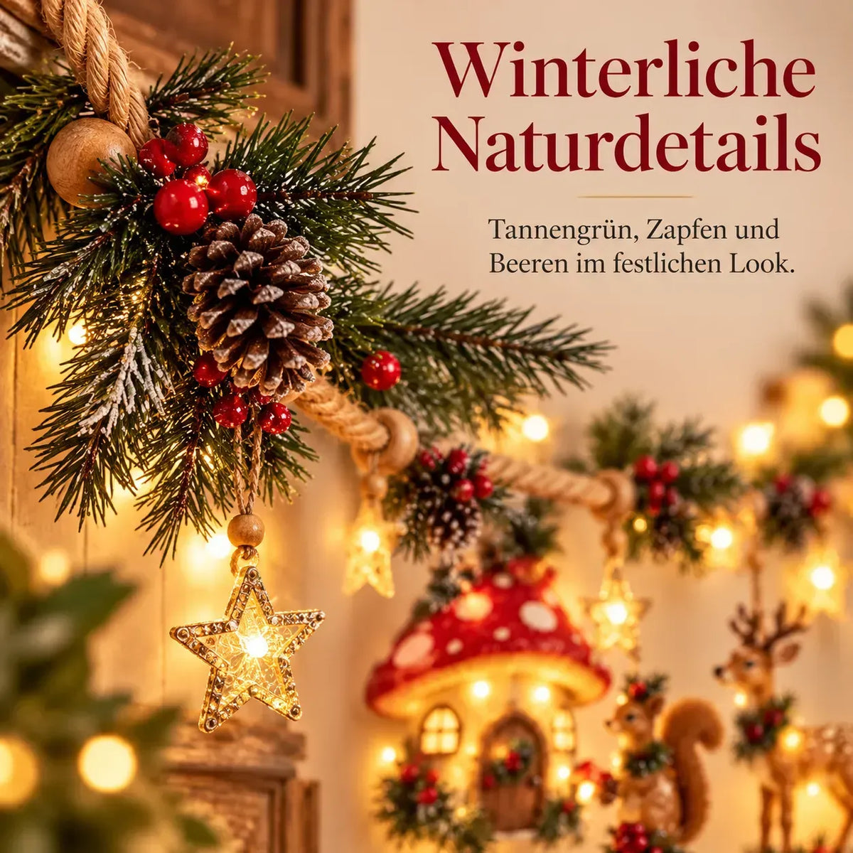 Beleuchtete weihnachtliche Waldgirlande – Festliche Dekoration im Stil eines verzauberten Waldes
