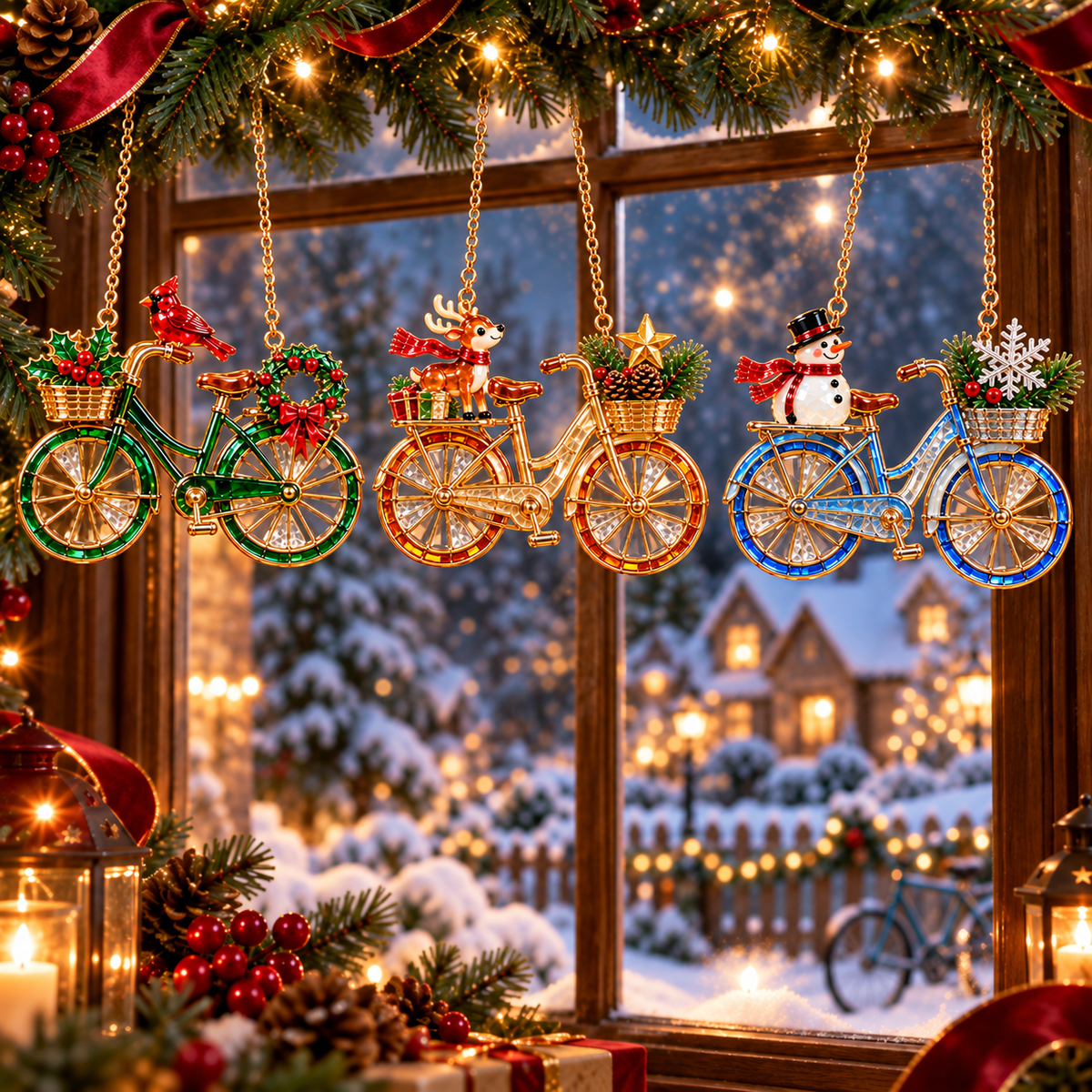 Green Cardinal, gold Reindeer and blue Snowman bicycle ornaments displayed by a winter window.