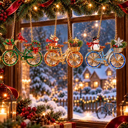🎄 2026 Vintage Stained Glass Christmas Bicycle Ornaments – Set of 6