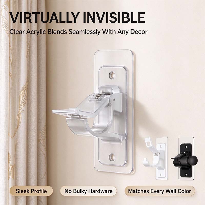 🏠2-Pack No-Drill Curtain Rod Brackets, Self-Adhesive Multifunctional Acrylic Gel Rod Holder Hooks