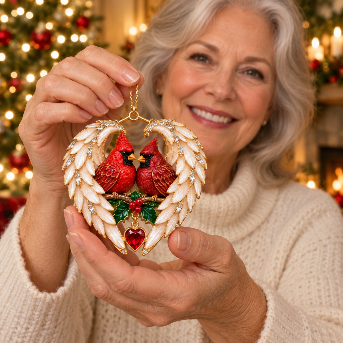 Woman holding the Cardinal Pair angel wing heart ornament beside a Christmas tree
