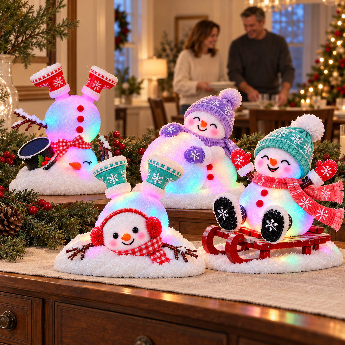 Snowman collection styled on a table in a festive home