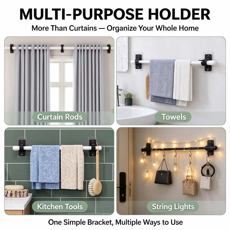 🏠2-Pack No-Drill Curtain Rod Brackets, Self-Adhesive Multifunctional Acrylic Gel Rod Holder Hooks