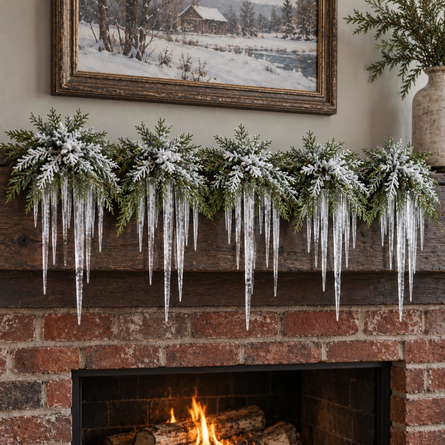 🎄 Snow-Frosted Cedar & Icicle Hanging Accent