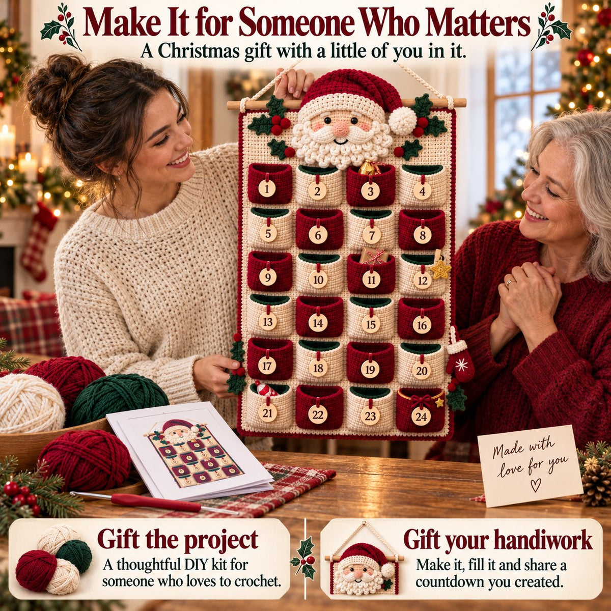 ⏳ Last Day 49% OFF – 🧶 DIY Crochet Advent Calendar Kit | 24 Refillable Pockets, 4 Christmas Characters & Complete Crochet Materials 🎄