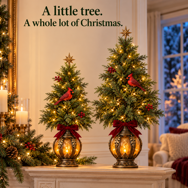 Illustrative family Christmas gift scene with a Cardinal Lantern tree