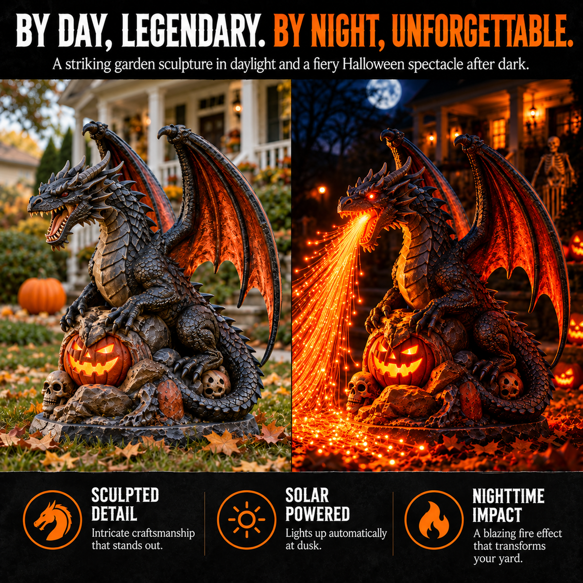 🐉 Inferno Dragon™ Fire-Breathing Solar Garden Light – Glowing Halloween Dragon Statue for Outdoor Yard & Porch Decor