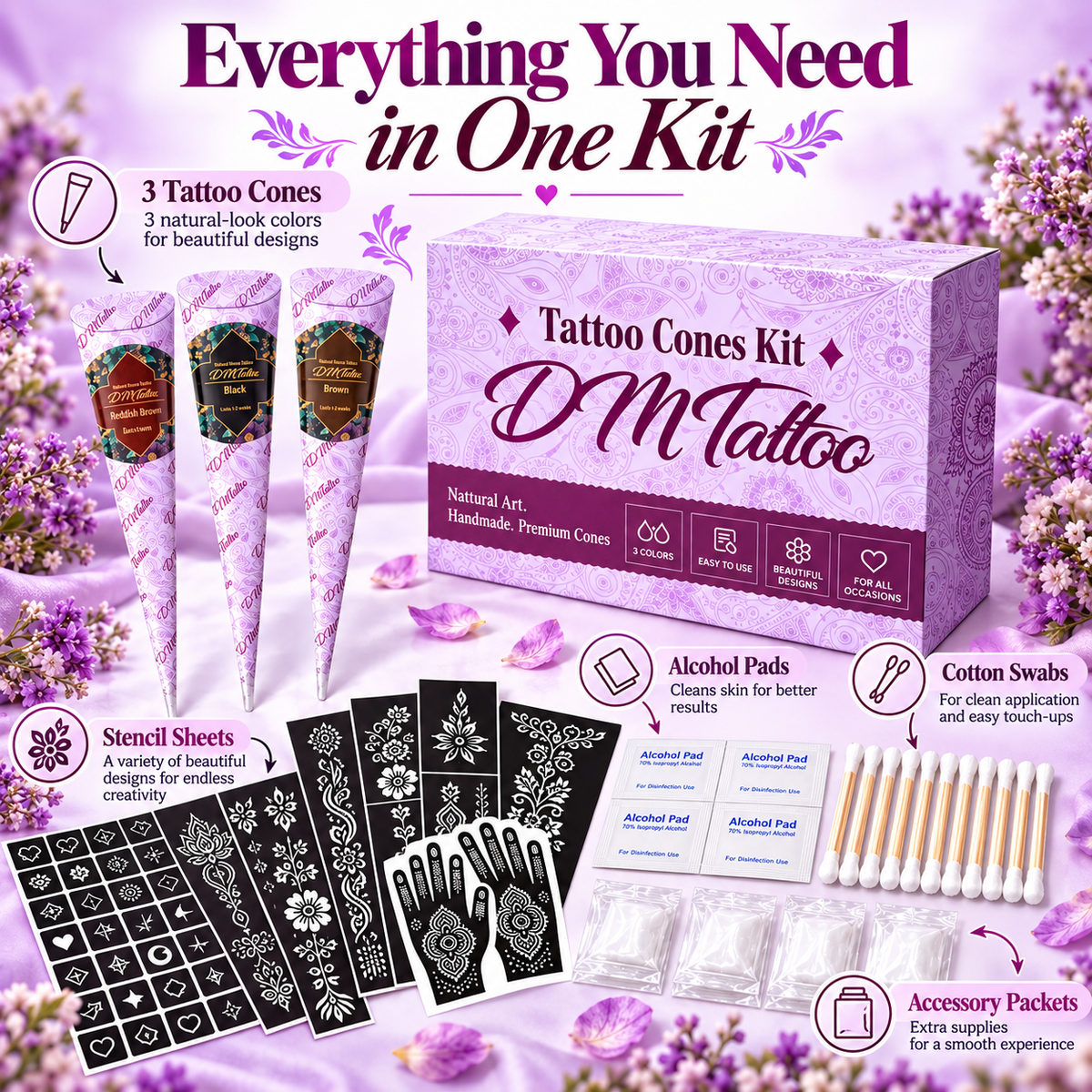 What's inside the DIY body art cones and stencil kit