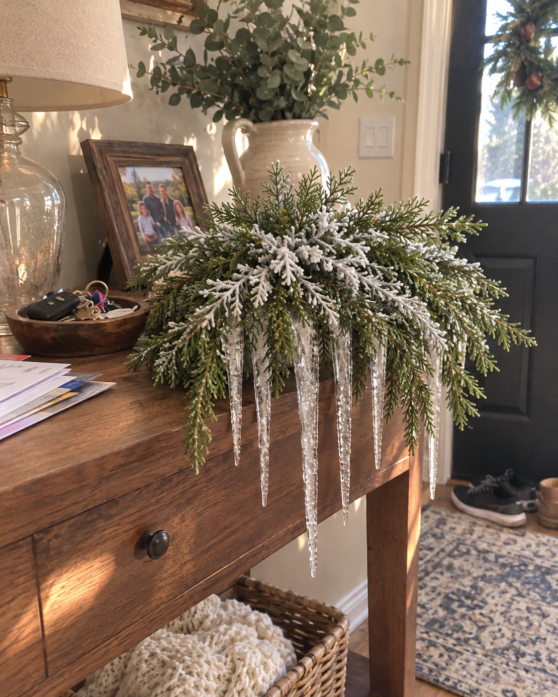 Detailed decorative greenery and clear icicles on an entryway table in natural daylight