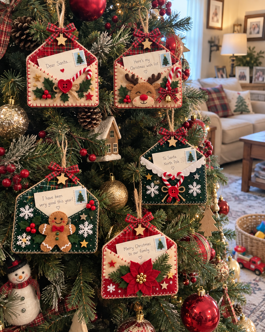 Five envelope ornaments decorating a festive American Christmas tree