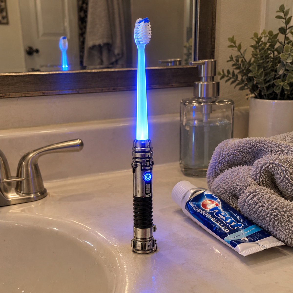 Glow toothbrush in real bathroom
