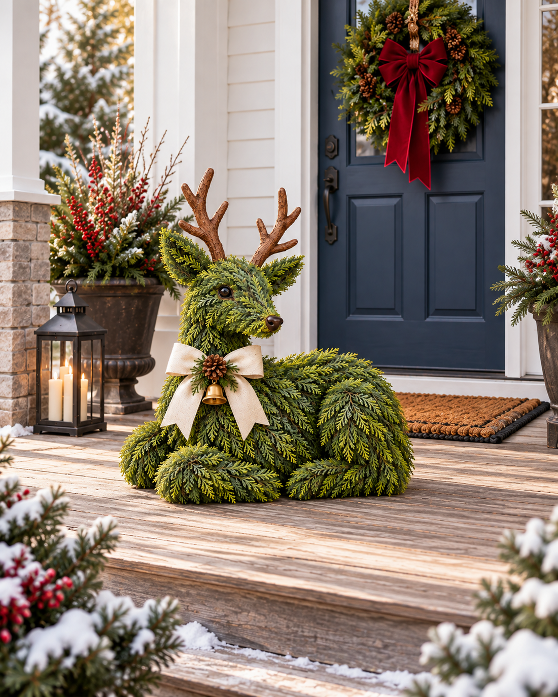 Unlit Woodland Welcome reindeer in front of decorated navy front door