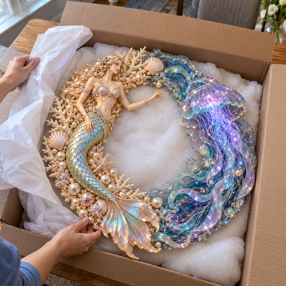 🌊 Ocean Enchantment – Lighted Mermaid & Jellyfish Wreath