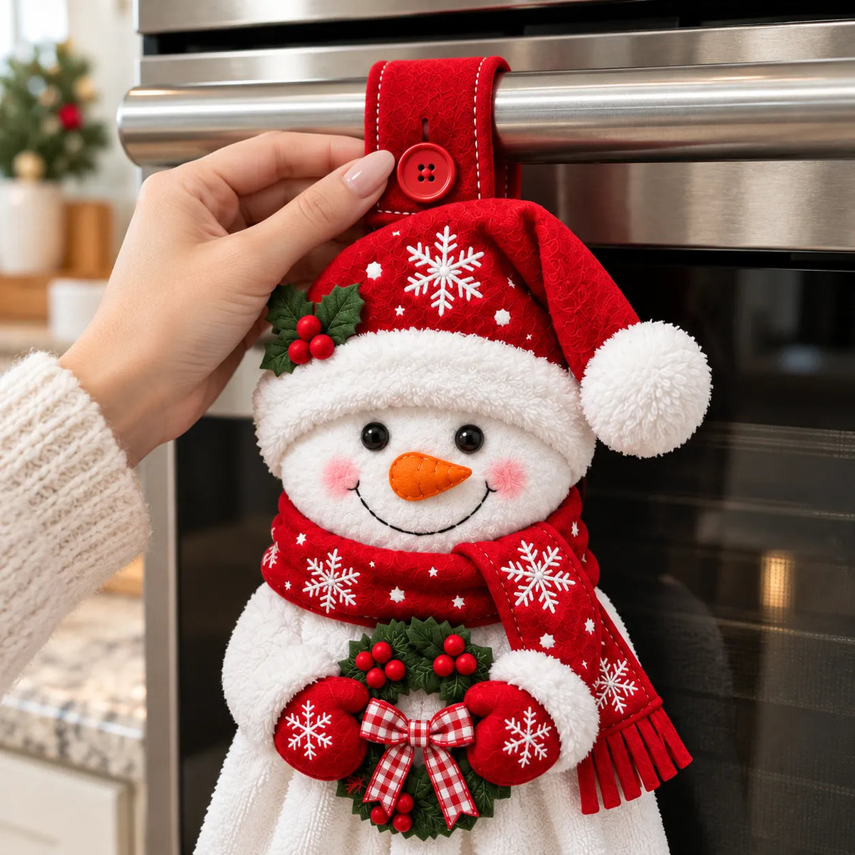 Hand fastening the red button loop of the Snowman Christmas hanging kitchen towel around an oven handle