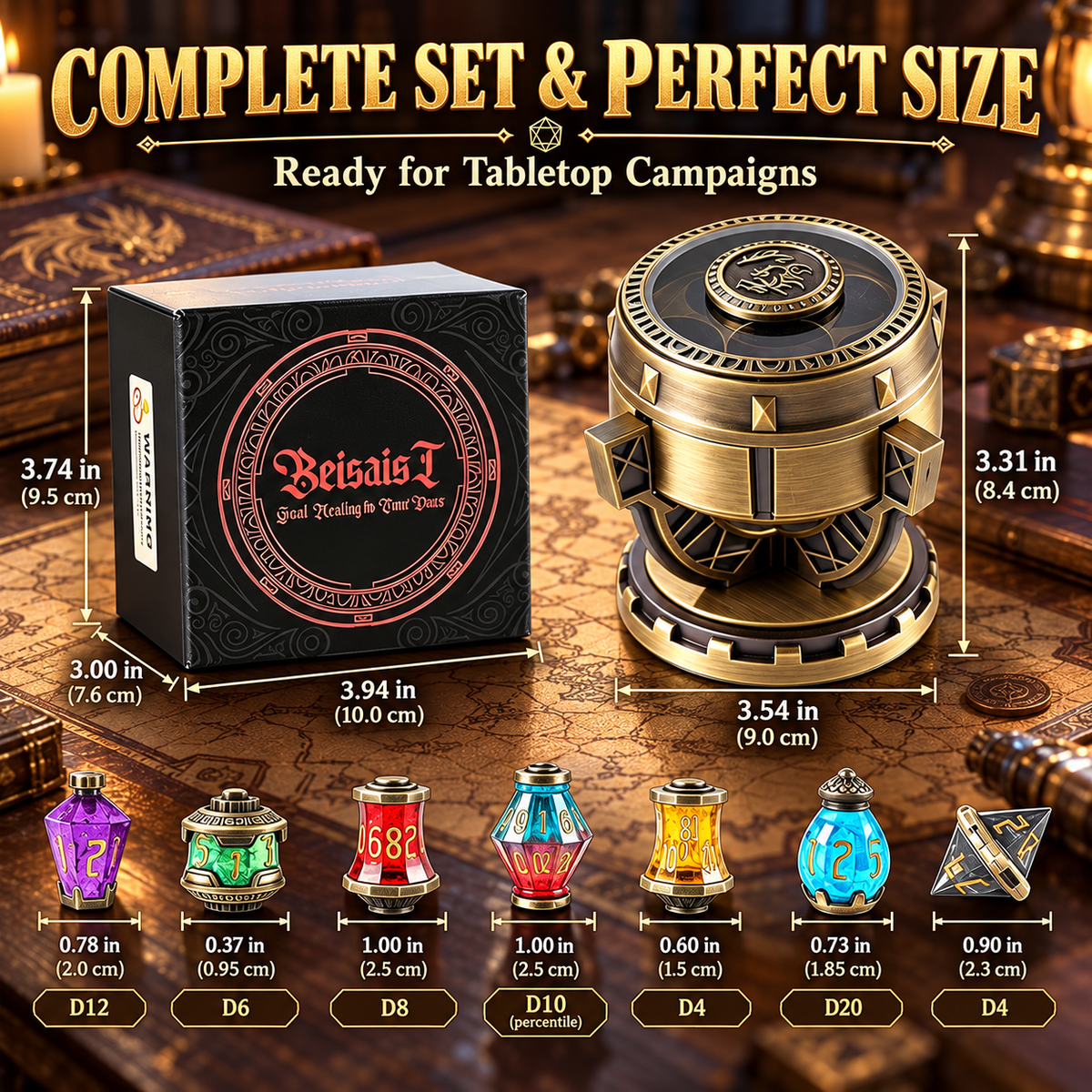 Reference dimension chart for dice vault and packaging