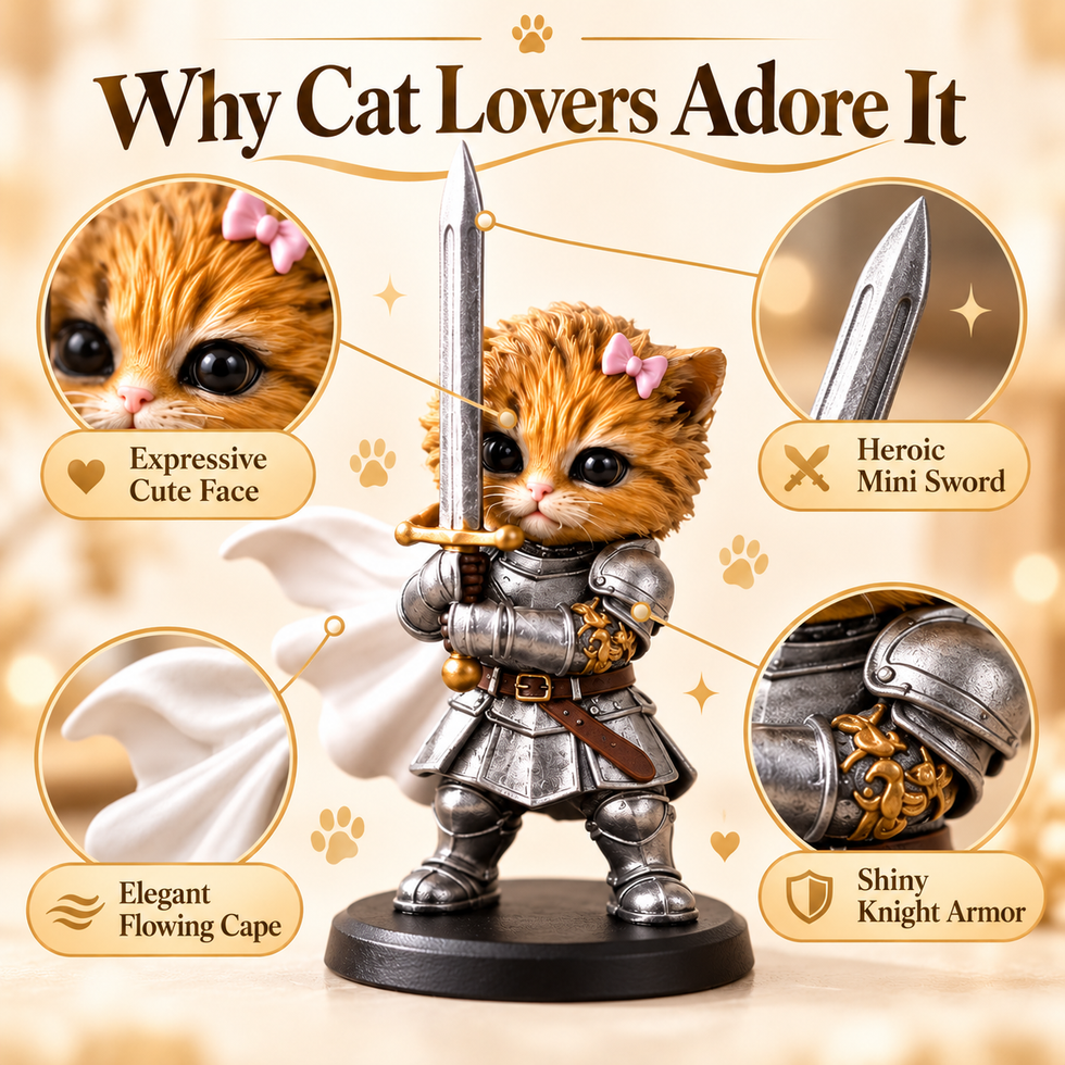 Knight kitten figurine close-up of the sword armor bow and white cape