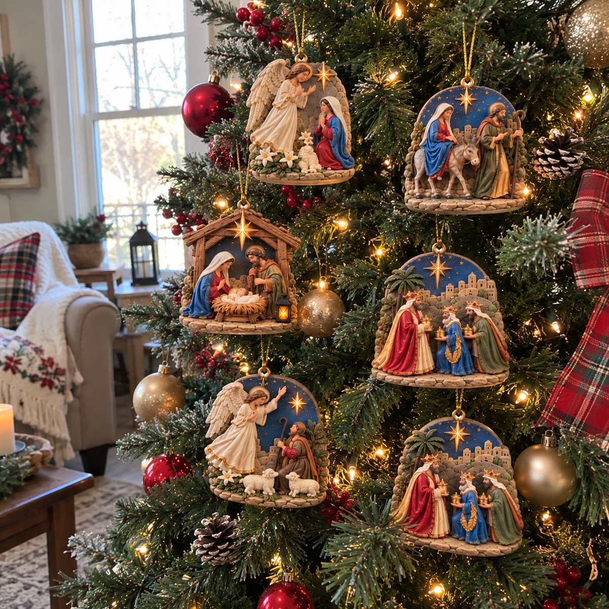 Mother and child placing a Nativity scene ornament on the family Christmas tree