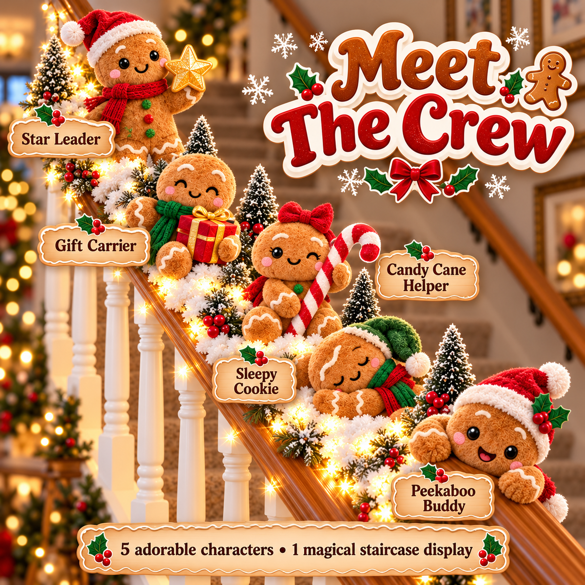 Meet the five gingerbread Christmas crew characters: star leader, gift carrier, candy cane helper, sleepy cookie, and peekaboo buddy