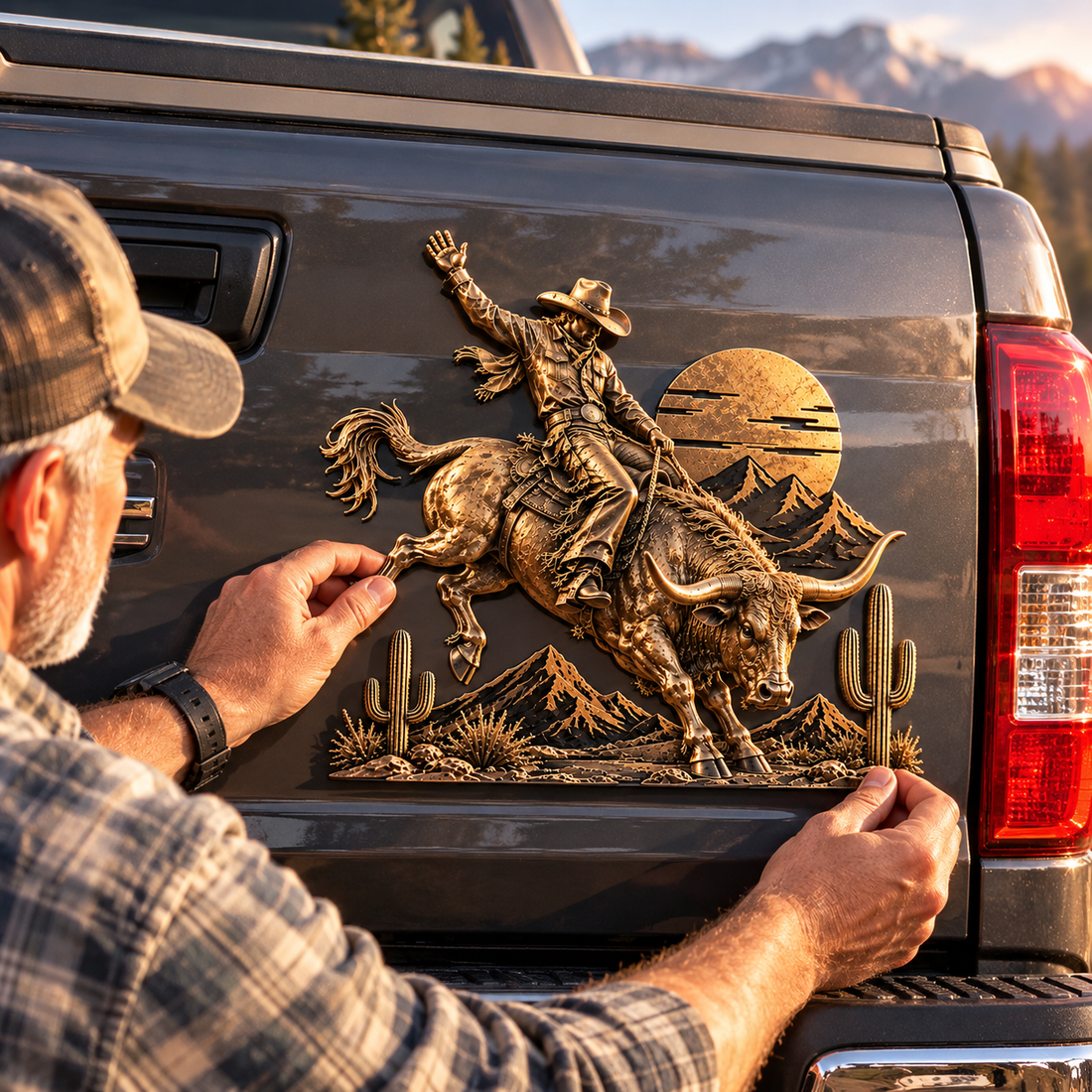Gold Western bull rider decoration on dark pickup truck