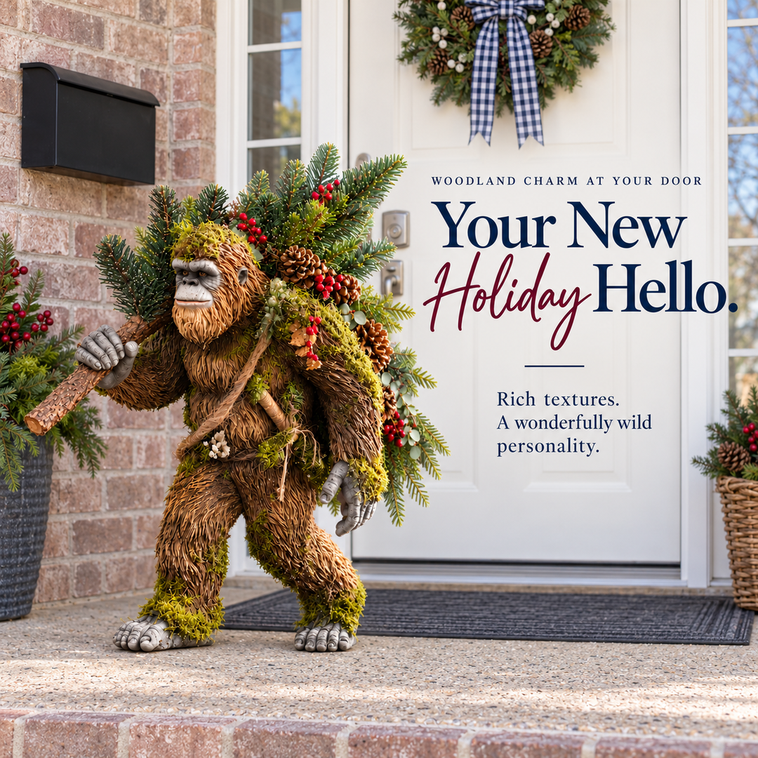 Holiday Sasquatch standing outside a festive white front door