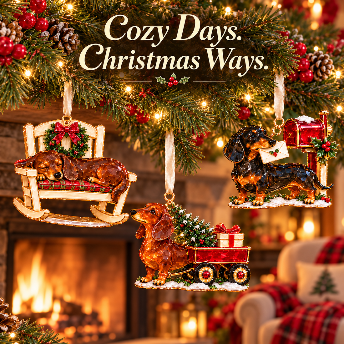 Dachshund ornaments hanging on Christmas tree