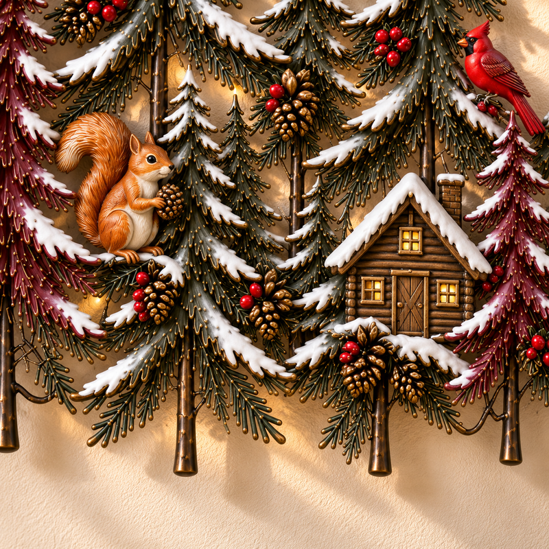Raised woodland scene showing the squirrel, pinecones, snowy branches, red cardinal and cabin