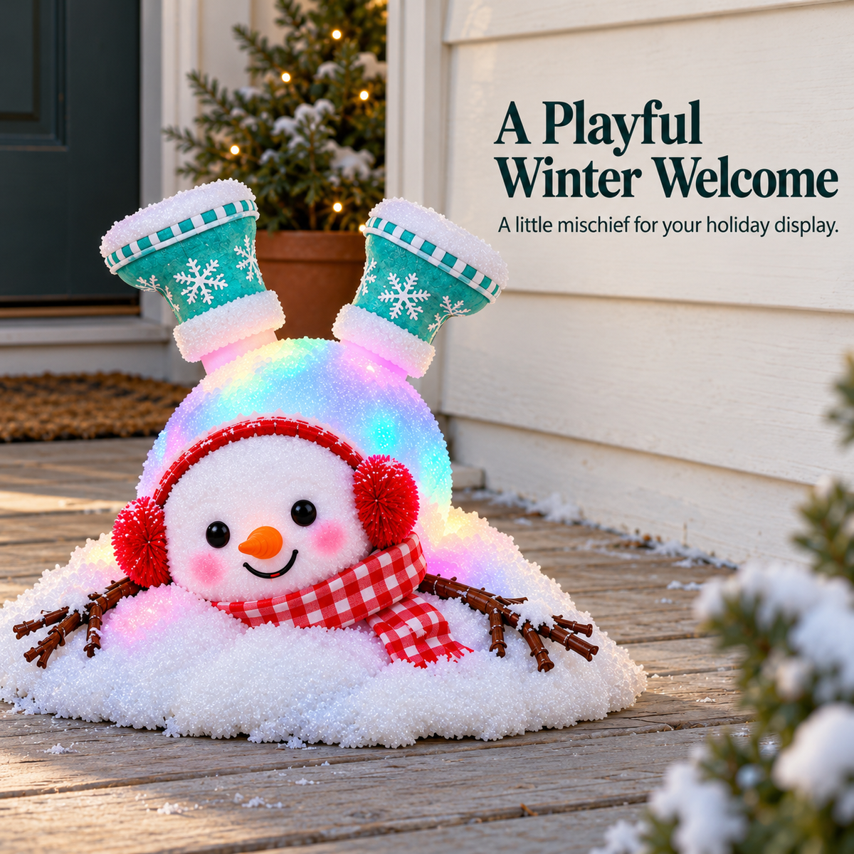 Peekaboo Snowman: A smiling face, red earmuffs and teal boots make this snowy character hard to miss.